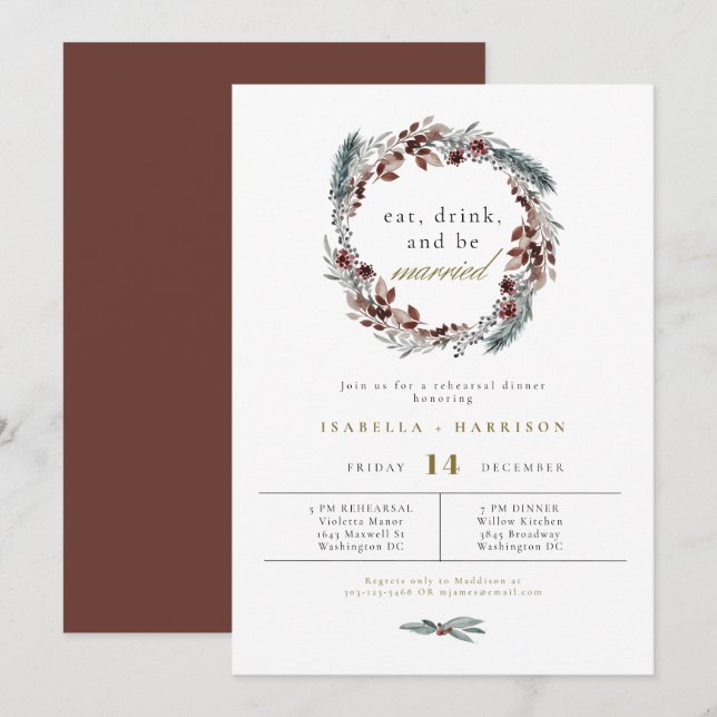 Invitation NOEL Rustic Winter Pine Dîner de répétition Mariag (Devant / Derrière)