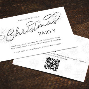 Invitation Noël Stylé Silver Snowflake Script QR Code