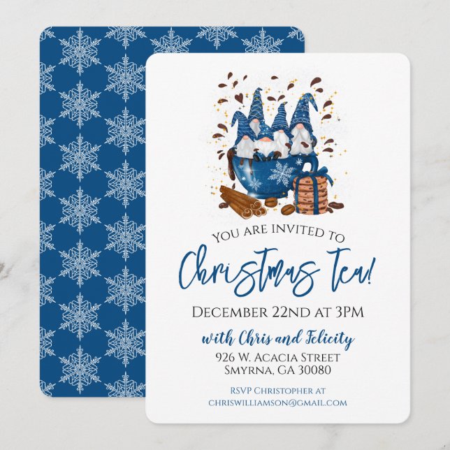 Invitation Noël Tea Blue Gnome Party (Devant / Derrière)