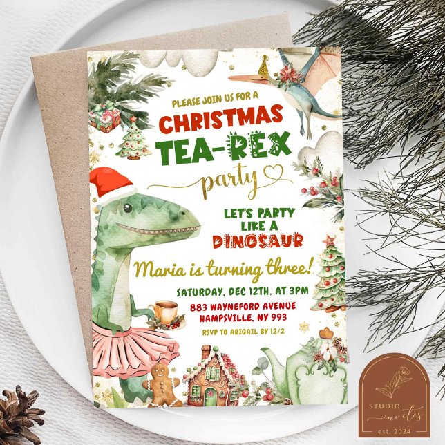 Invitation Noël Tea-Rex Dinosaur Tutu Fille Anniversaire (Créateur téléchargé)