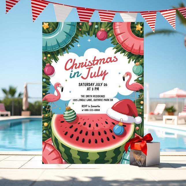 Invitation Noël tropical en juillet Flamant rose de fête de l (Tropical Christmas in July invite with flamingos, watermelon & pool vibes in coral and aqua.)