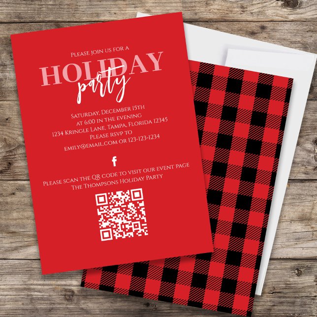 Invitation Noël Vacances Russe Buffalo Rouge Plaid QR Code (Holiday red and black buffalo check patterned invitation with a QR Code for social media sharing. )