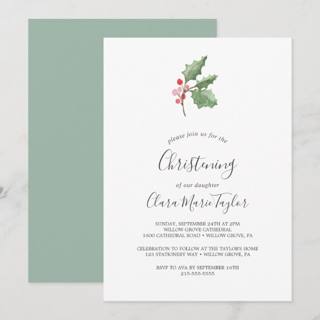 Invitation Noël Verdure & Red Berry Christening (Devant / Derrière)