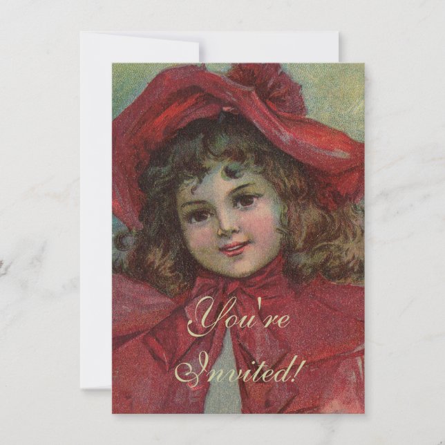 Invitation Noël Victorien Enfant Rouge Casquette Portrait Fil (Devant)