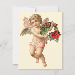 Invitation Noël vintage, ange victorien avec couronne de fleu