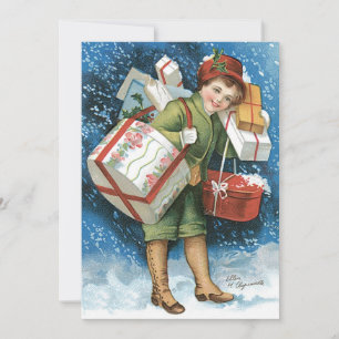 Invitation Noël vintage, Fille avec cadeaux en neige hivernal