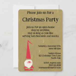Invitation Noël vintage, Gnome Père Noël mignon sur fond doré