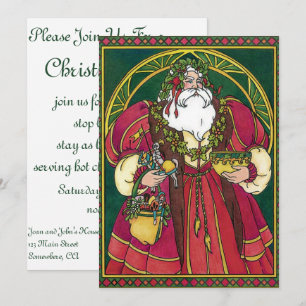 Invitation Noël Vintage, Père Noël avec Feuilles Holly
