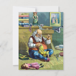 Invitation Noël Vintage, Père Noël cousant des poupées Invita