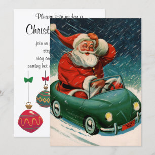 Invitation Noël vintage, Père Noël dans une voiture mignonne