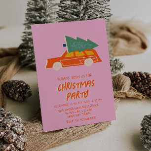 Invitation Noël vintage rose coloré Rouge Voiture Fun Party