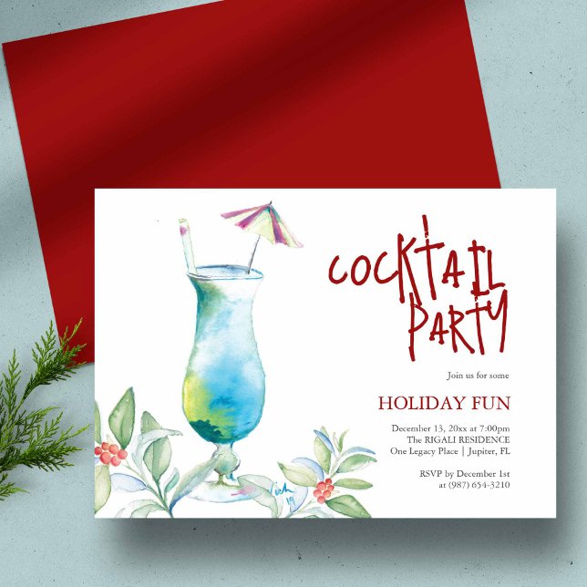 Invitation Noël Watercolor Cocktail tropical (Tropical theme Christmas cocktail party unique watercolor art by Victoria Grigaliunas)