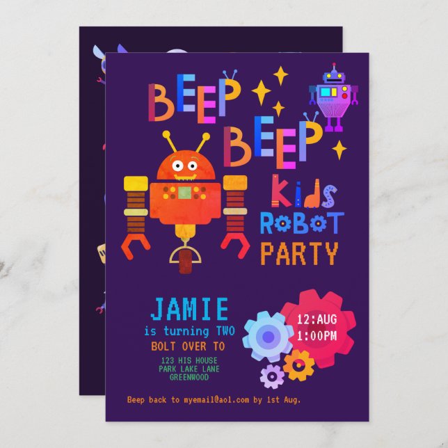 Invitation NOEON ROBOT 2e fête d'anniversaire garçon fille dr (Devant / Derrière)
