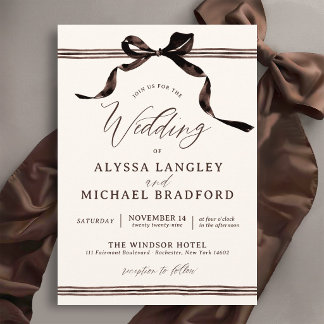 Invitation Nœud aquarelle marron Élégant Simple Mariage ivoir