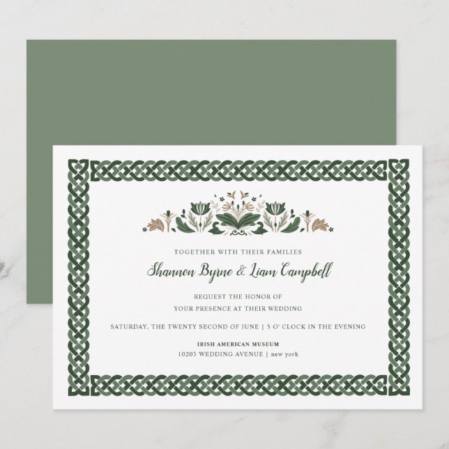 Invitation noeud celtique | Floral moderne Mariage irlandais (Devant / Derrière)