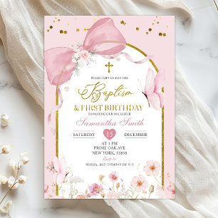Invitation Nœud Coquette Rose Pâle Baptême & 1er Anniversaire