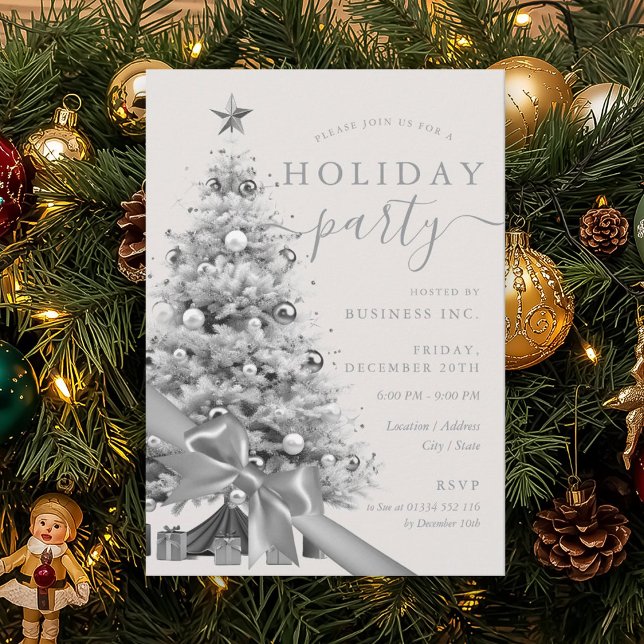 Invitation Nœud d'arbre de Noël argenté Fête d'entreprise de  (Silver Christmas Tree Bow Corporate Holiday Party Invitation)