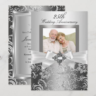 Invitation Nœud de bijou en argent et floral pour les 25 ans