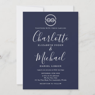 Invitation Nœud de navire nautique bleu marine blanc mariage 