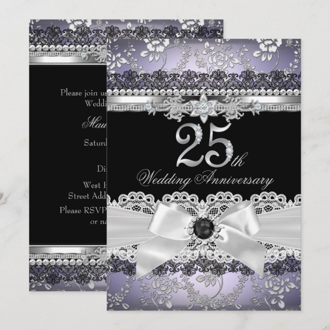 Invitation Nœud de perle en dentelle argent violet 25e annive (Devant / Derrière)