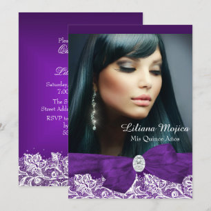Invitation Nœud diamant violet et jolie dentelle Quinceanera
