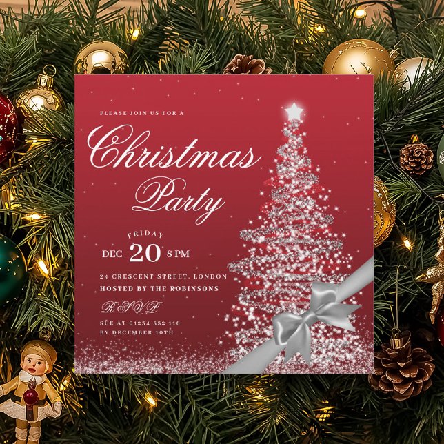 Invitation Nœud élégant argent et rouge pour l'arbre de Noël  (Elegant Silver Red Winter Christmas Tree Bow Invitation)