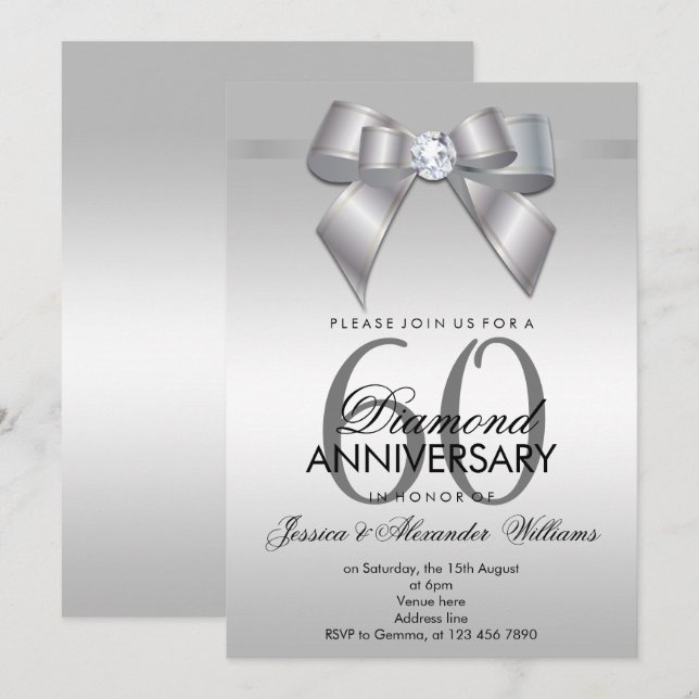 Invitation Nœud et Ruban de Bijou Chic 60e Anniversaire de Ma (Devant / Derrière)