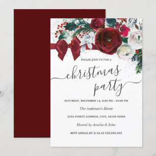 Invitation Noeud floral aquarelle rouge pour la fête de Noël