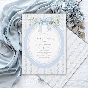 Invitation Nœud Floral Bleu Baby Shower Vintage