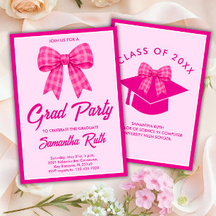 Invitation Nœud Gingham Rose Chaud Fête de Remise des Diplôme