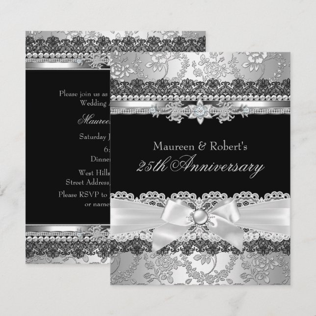 Invitation Nœud noir en dentelle et perle d'argent 25e annive (Devant / Derrière)