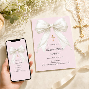 Invitation Nœud poussiéreux rose blush perles d'ivoire Baptêm