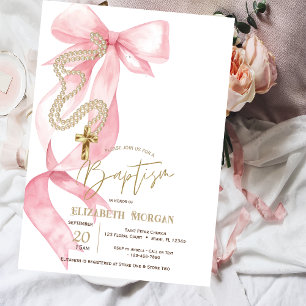 Invitation Nœud rose chic Perles Croix Baptême