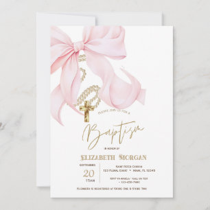 Invitation Nœud rose chic Perles Croix Points Baptême