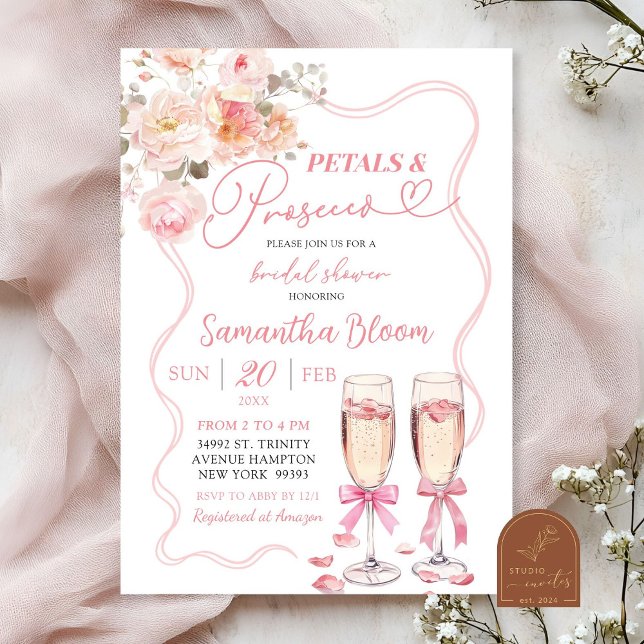 Invitation Nœud Rose Coquette Pétales et Prosecco (Créateur téléchargé)