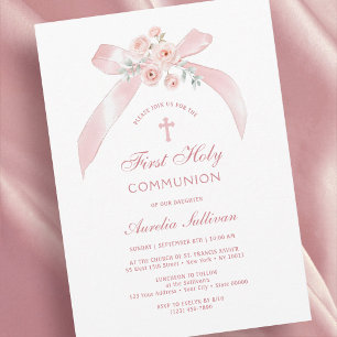 Invitation Nœud Rose Floral Première Sainte Communion