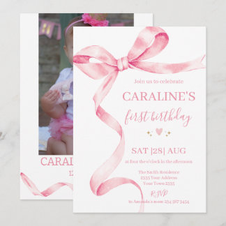 Invitation Nœud Rose Pâle Pastel 1er Anniversaire
