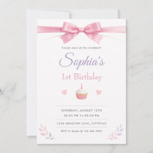 Invitation Nœud Rose Simple et Élégant pour le 1er Anniversai