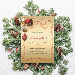 Invitation Noeud rouge baubles dorés Fête de Noël