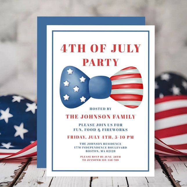 Invitation Nœud Rouge, Blanc Et Bleu 4 Juillet (Red, White And Blue Bow 4th Of July Invitation)