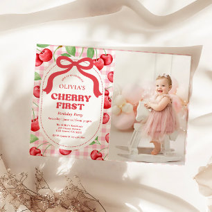 Invitation Nœud Rouge Coquette Cerise Première Fête d'Anniver