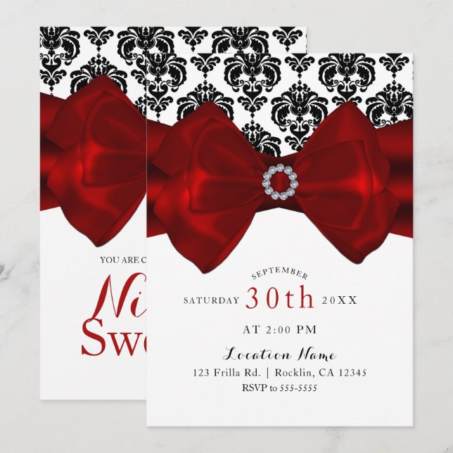 Invitation Nœud rouge en damas noir et blanc Glamour Sweet 16 (Devant / Derrière)