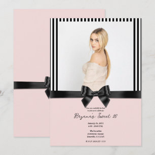 Invitation Nœud ruban noir rayures rose blush photo douce 16 