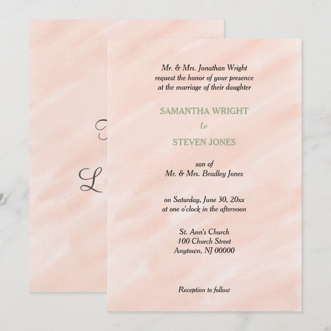 Invitation Noeud vert sauge et rose romantique aquarelle (Devant / Derrière)