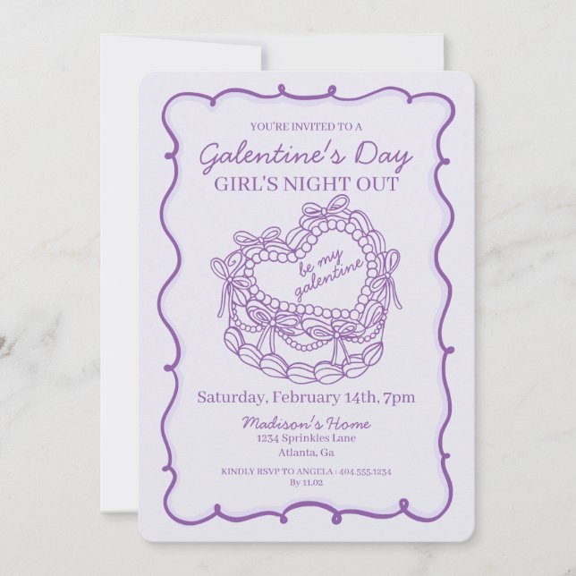 Invitation Nœud Violet Rétro Cœur Coquette Gâteau Galentine (Devant)
