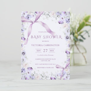 Invitation Nœuds Violets & Fleurs Élégant Bébé