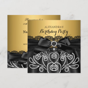 Invitation Noir à dentelle dorée avec faux diamants pour fête