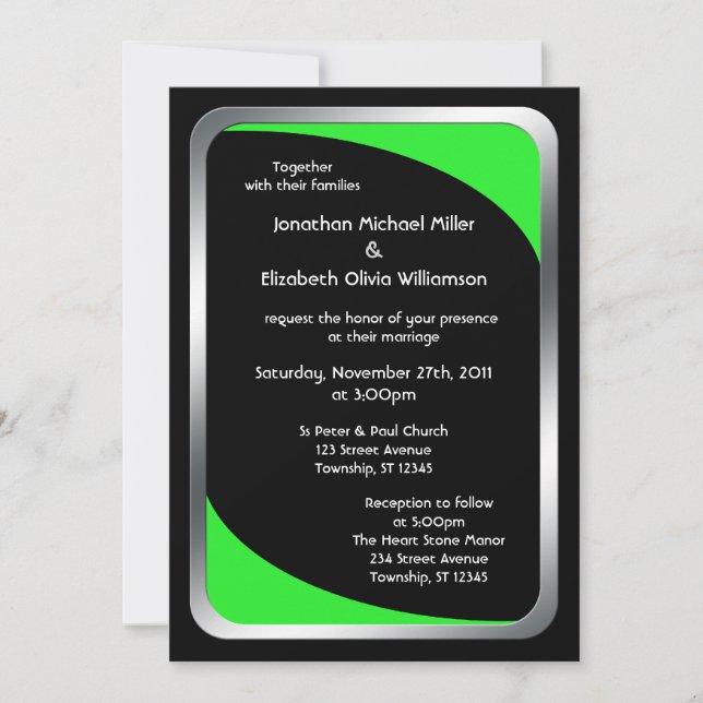 Invitation Noir alternatif avec Mariage vert néon (Devant)