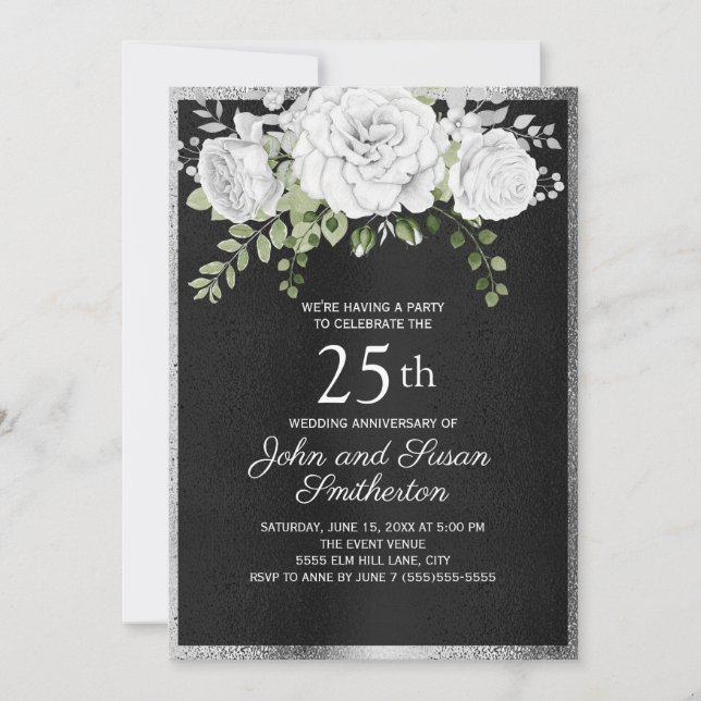 Invitation Noir Argent Blanc Floral 25e Anniversaire de Maria (Devant)