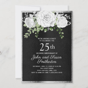 Invitation Noir Argent Blanc Floral 25e Anniversaire de Maria